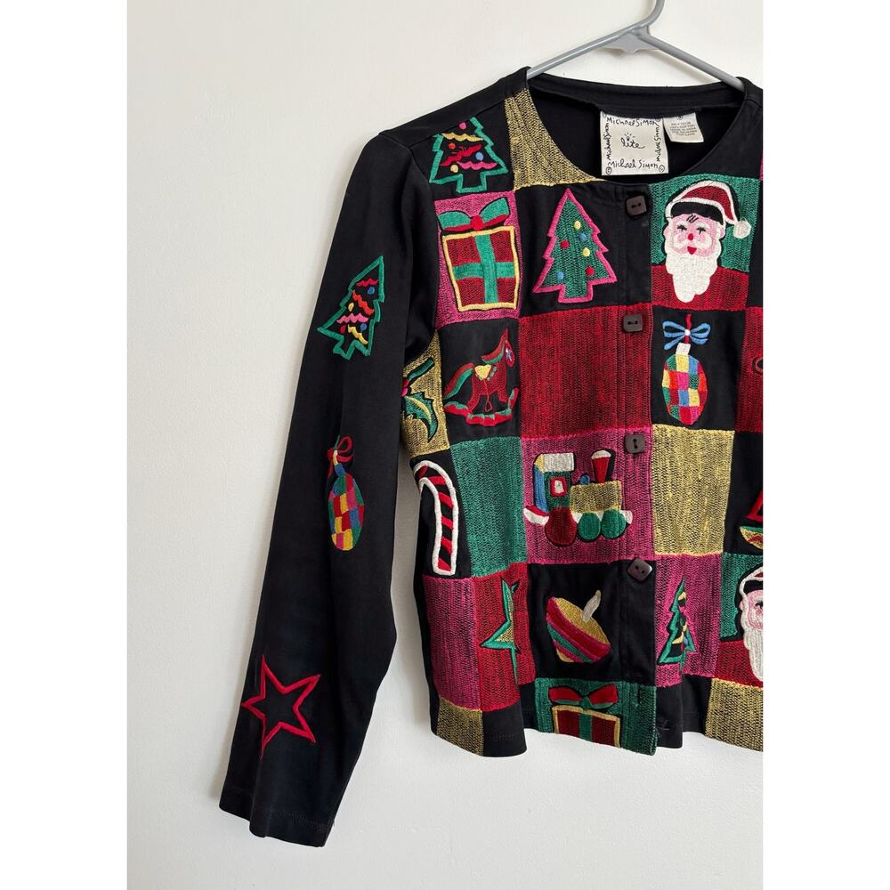 Black Red Vintage Michael Simon Christmas Patchwork Cardigan S - Picture 4 of 7
